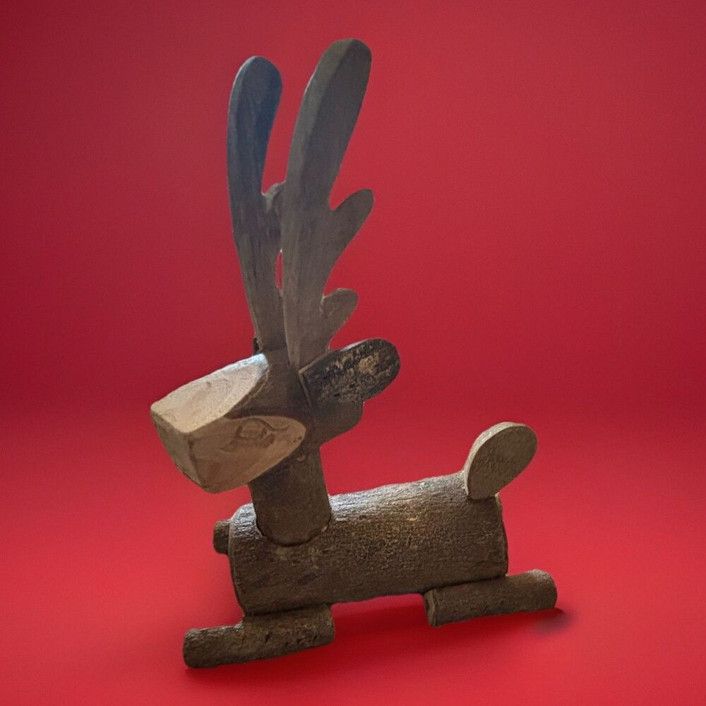 Rustic Handcrafted Wooden Reindeer Log Figurine Folk Art Christmas Decor